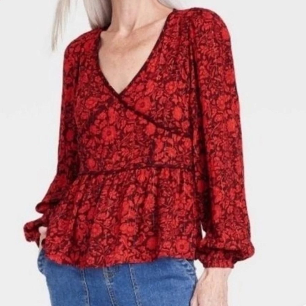 Knox Rose Floral Long Puff Sleeve Peplum Top V-Neck, Red Burgundy Metallic Sz XL